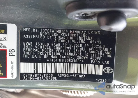 2013 Toyota Camry Le from USA, damaged, VIN 4T4BF1FK2DR316814